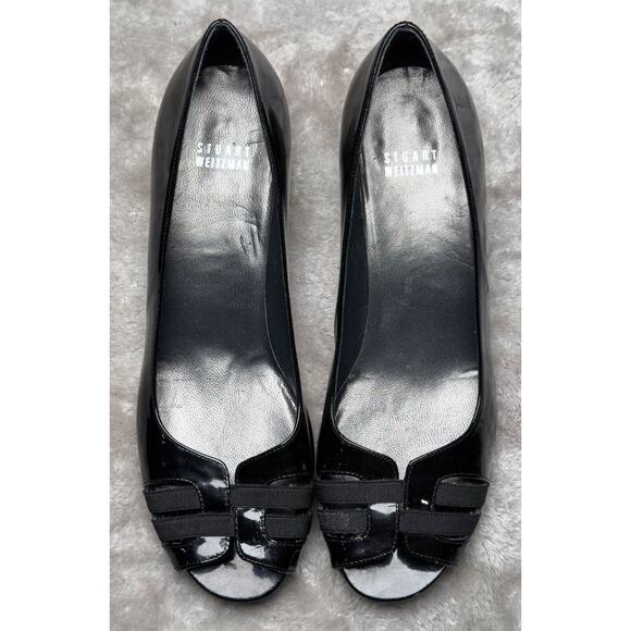 Stuart Weitzman Black Patent Leather Wedge Open Toe Heels Womens Size 9 - Picture 9 of 16